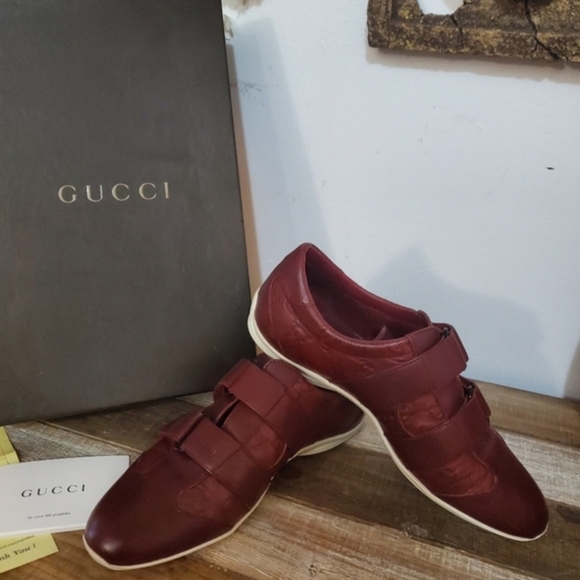 Gucci Guccissima Leather Velcro Sneakers Burgundy EU 35 Made in Italy Margaux - Picture 2 of 13